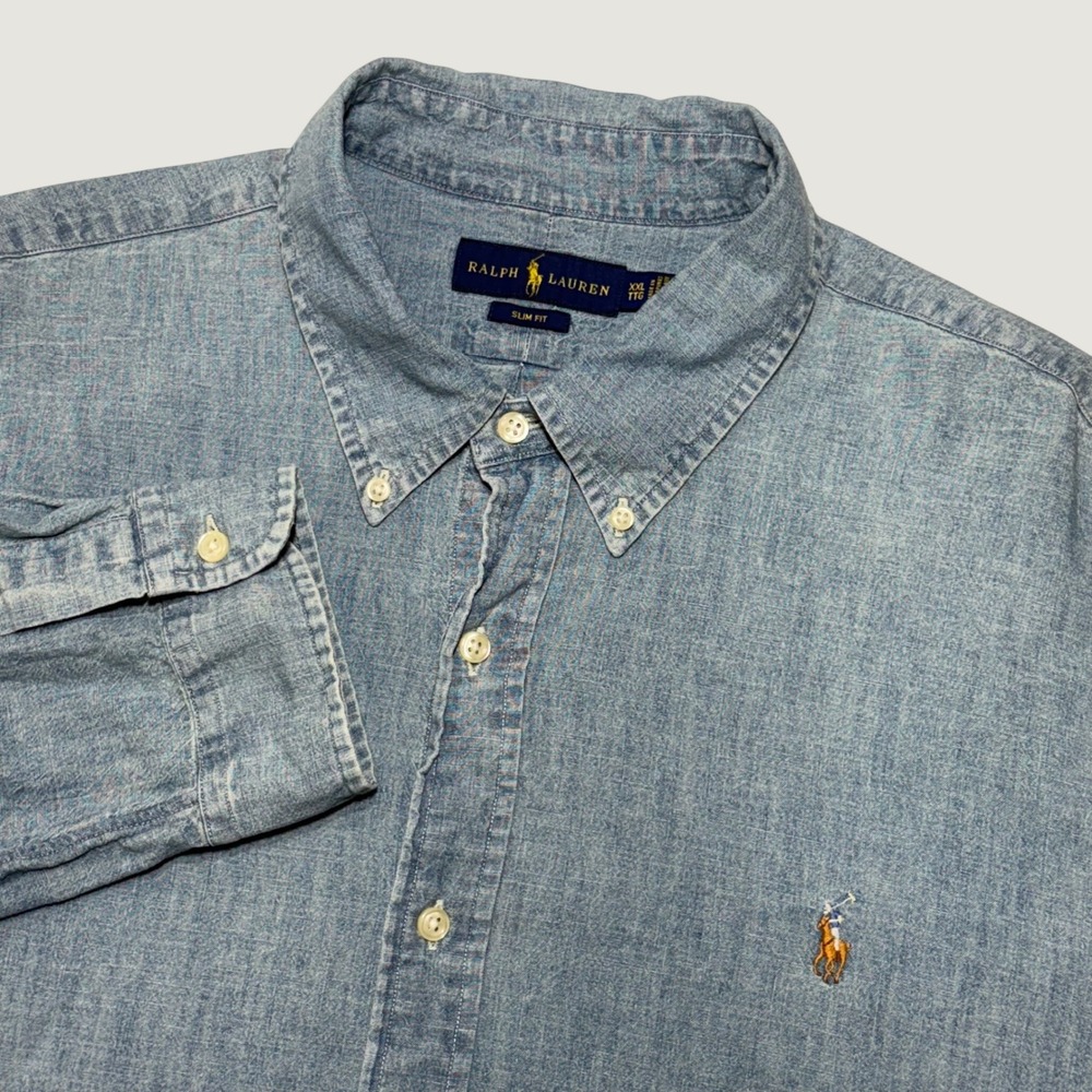Ralph Lauren Button Down Shirt Mens XXL Blue Slim Fit Chambray Denim Logo Prep